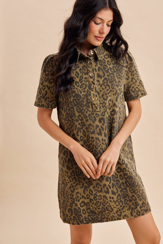 LEOPARD UTILITY MINI DRESS: OLIVE / M