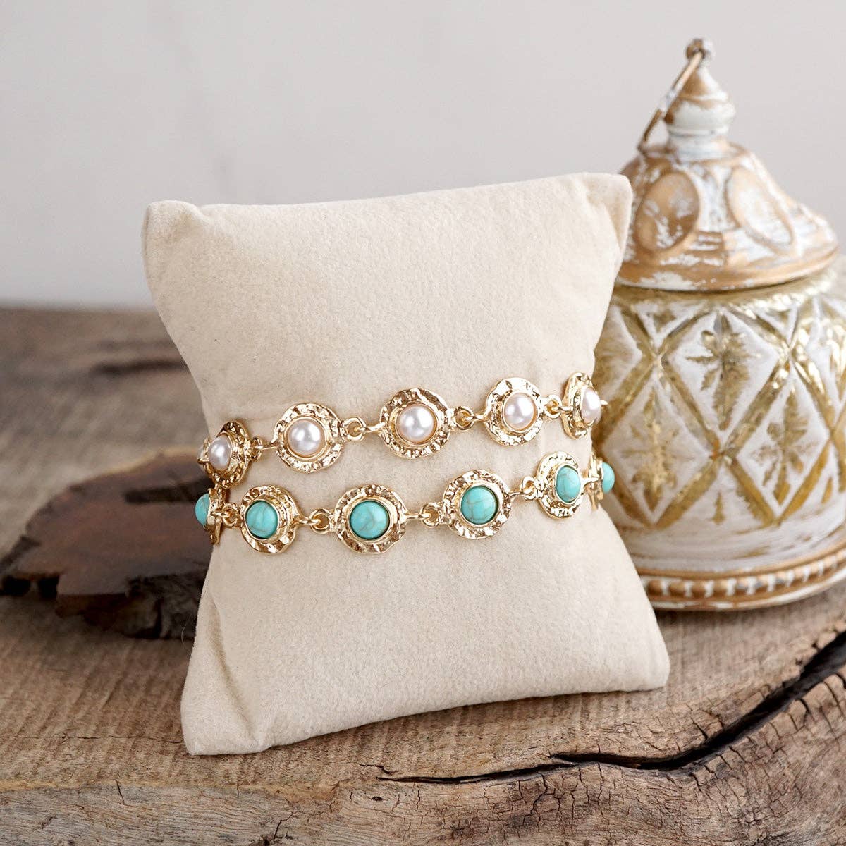 Cabochon Station Charm Necklace - Pearls Turquoise - Petite Glow: Pearl