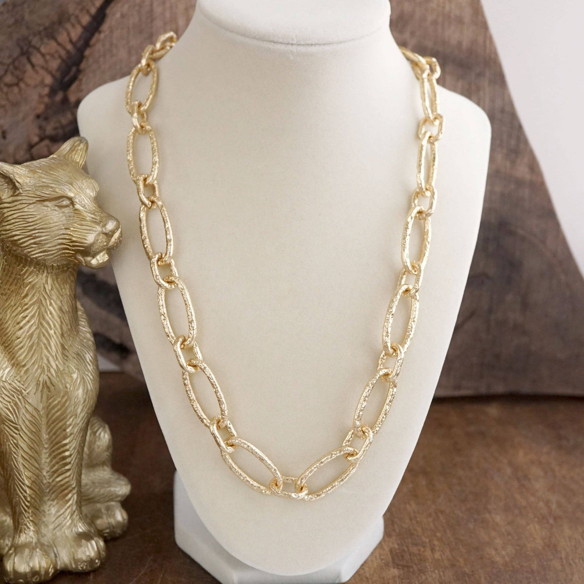 Chunky Statement Necklace – Elongated Textured Chain Necklace: Two Tone