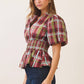 CT10210-Plaid puff sleeve smocked waist top: Burgundy / L