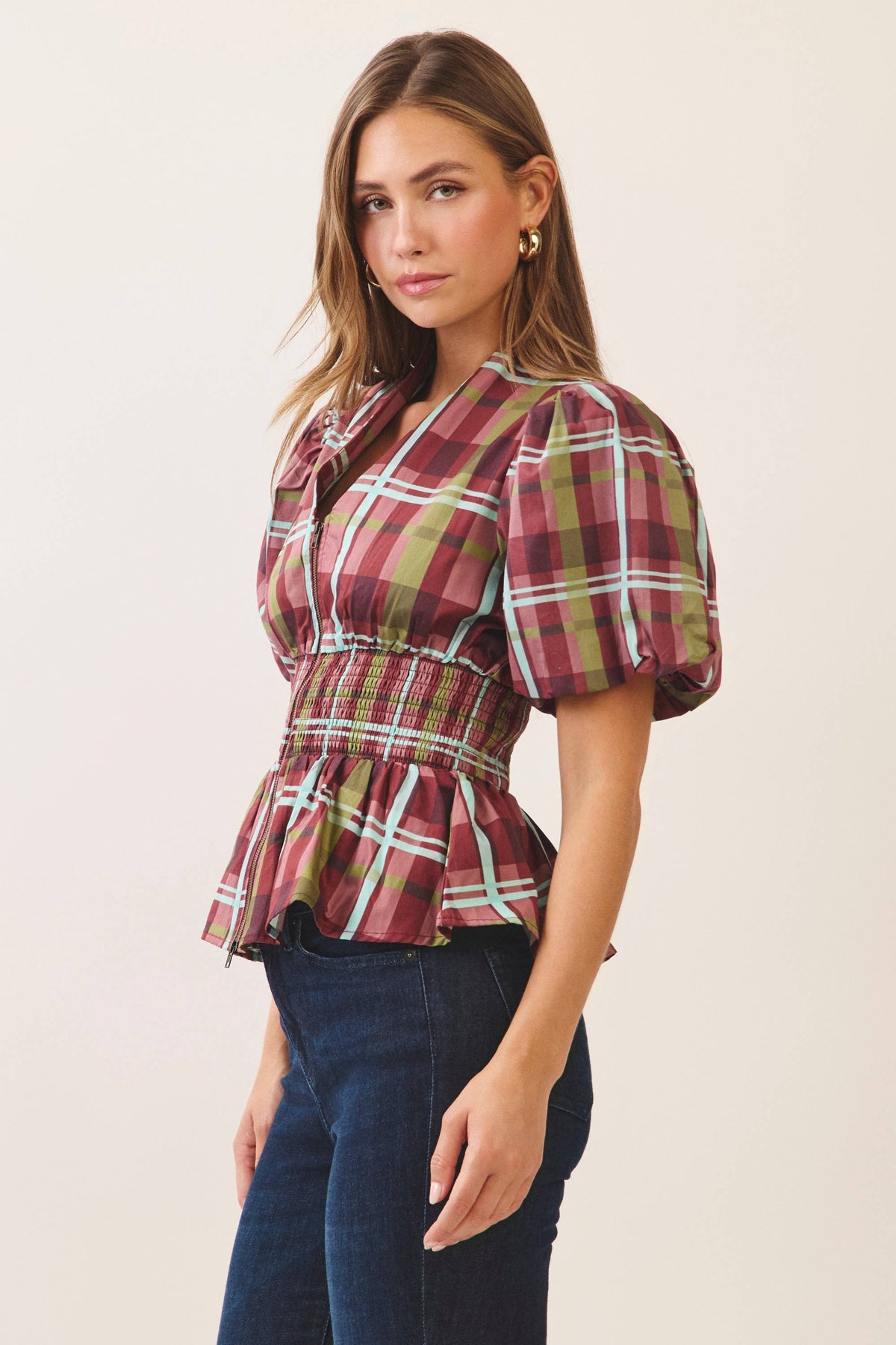 CT10210-Plaid puff sleeve smocked waist top: Burgundy / L