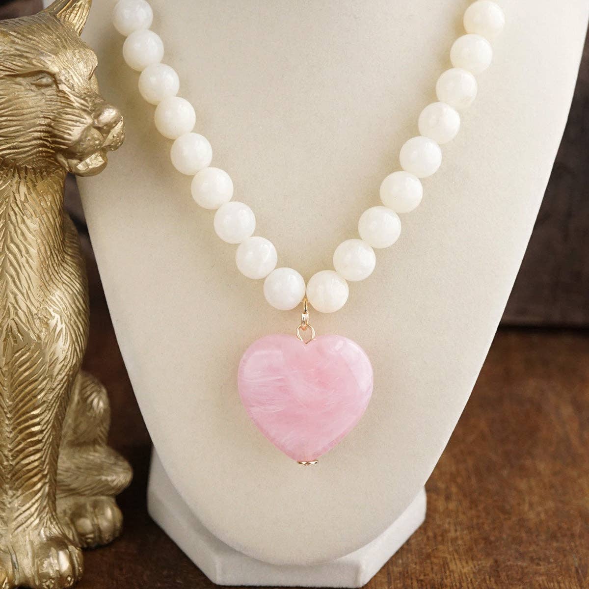 Chunky Statement Necklace – Chunky Beaded Heart Pendant Necklace: Deep Aqua