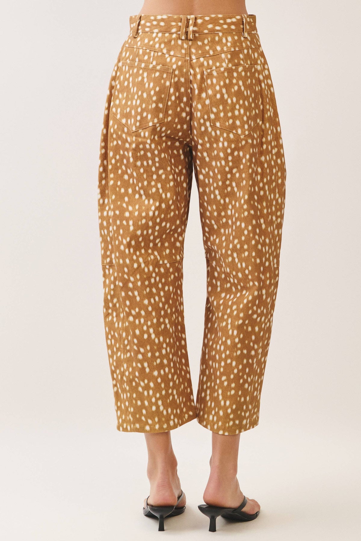CP10398-Deer Print Barrel Leg Pants: Brown / M