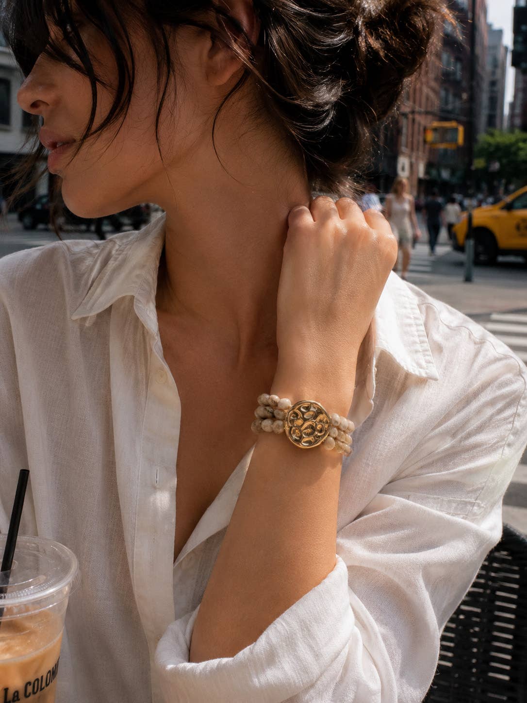 Organic Marbled Bead Layered Statement Bracelet: Pink