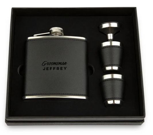 Faux Leather Wrapped Flask Gift Box Set -Black