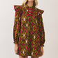 CD07564-Geometric Print Ruffle Mini Dress: CHOCOLATE / S