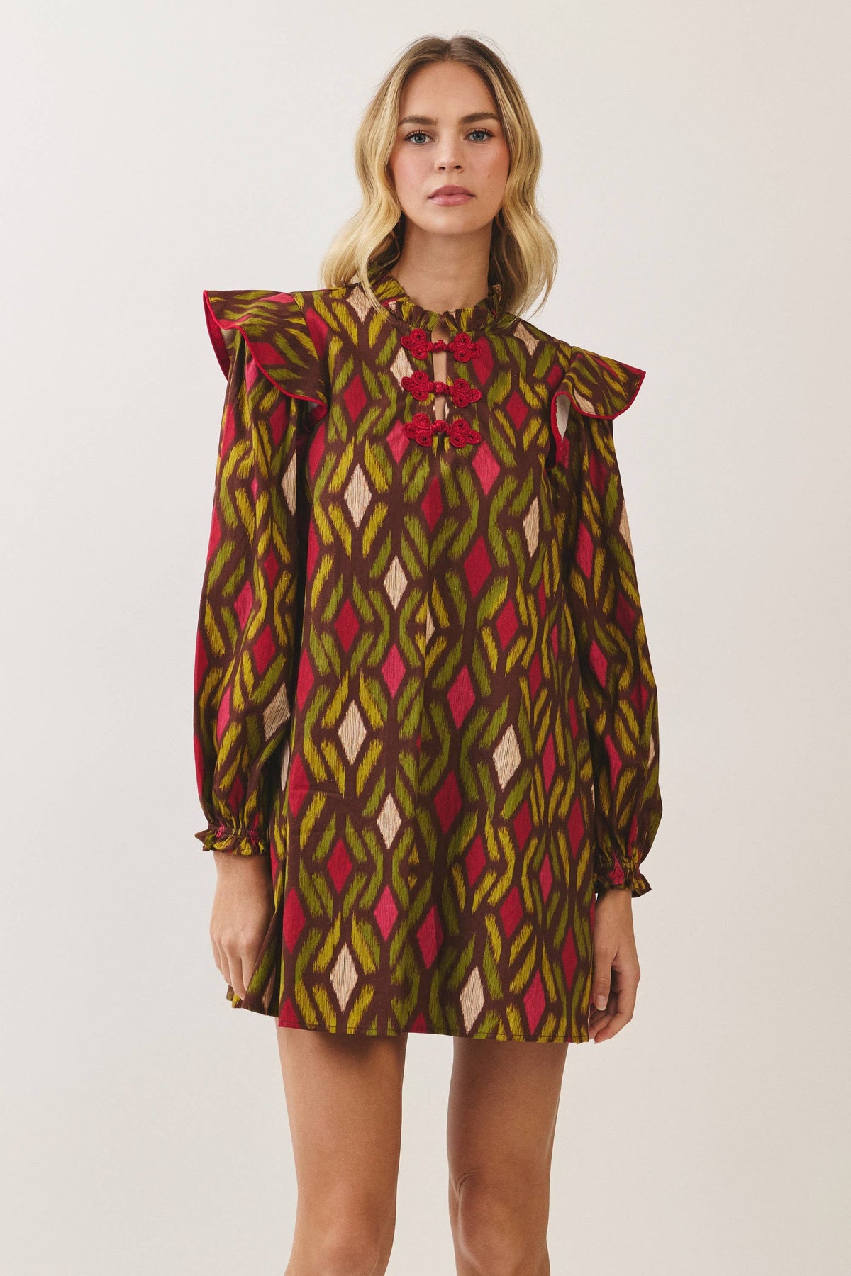 CD07564-Geometric Print Ruffle Mini Dress: CHOCOLATE / S