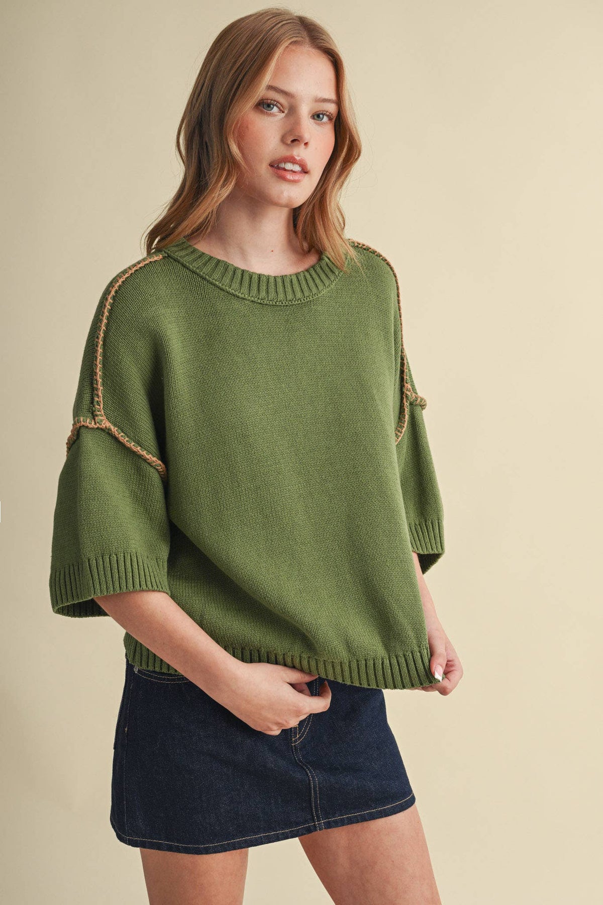 SHORT SLV SWEATER W CONTRAST BLANKET STITCH MSW11471: OLIVE TAUPE / S