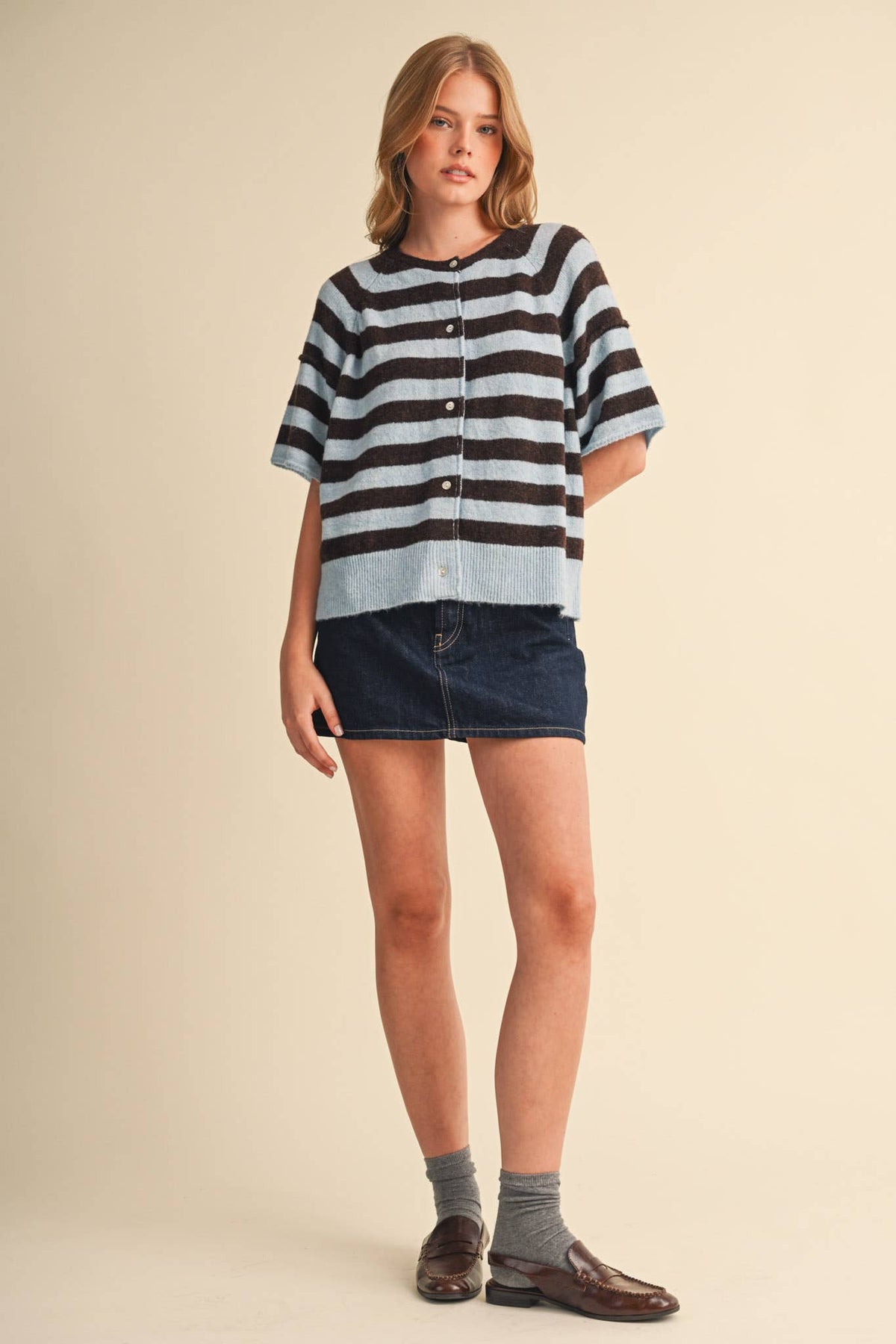 STRIPED SHORT SLEEVE SWEATER CARDIGAN MSW11671: OLIVE PLUM / S