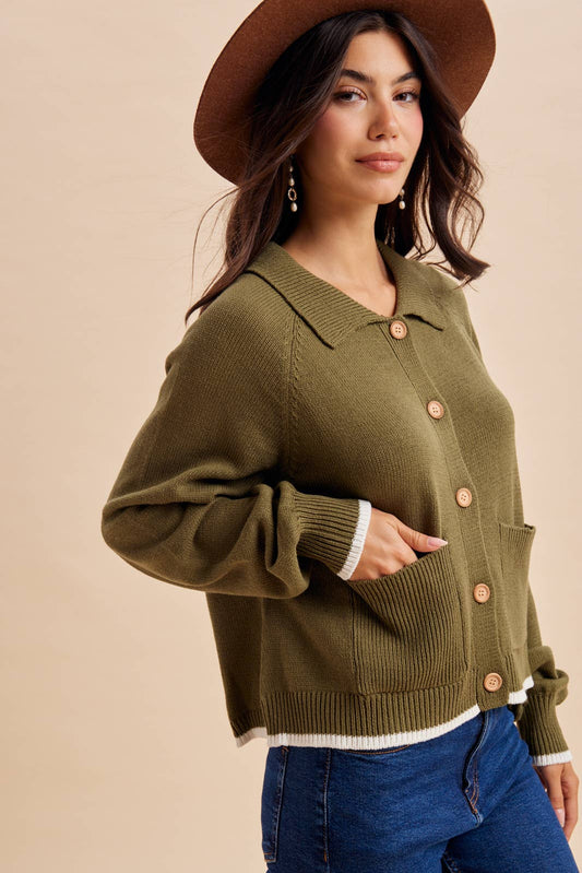 BEAGLE KNITTED CARDIGAN: DUSTED OLIVE / M