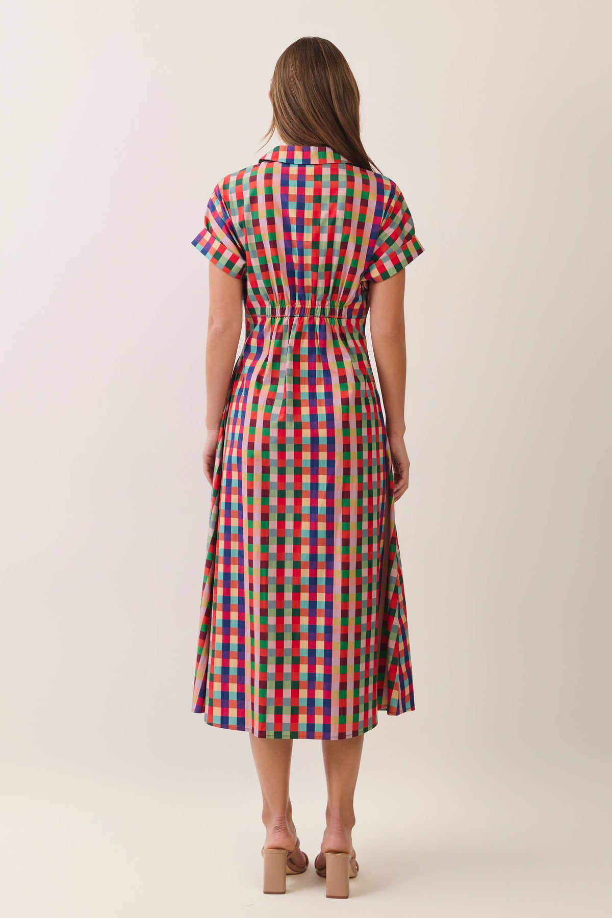 CD07590-Multicolor Check Button Down Midi Dress: Multi / M