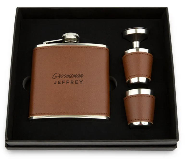 Faux Leather Wrapped Flask Gift Box Set -Chocolate Brown