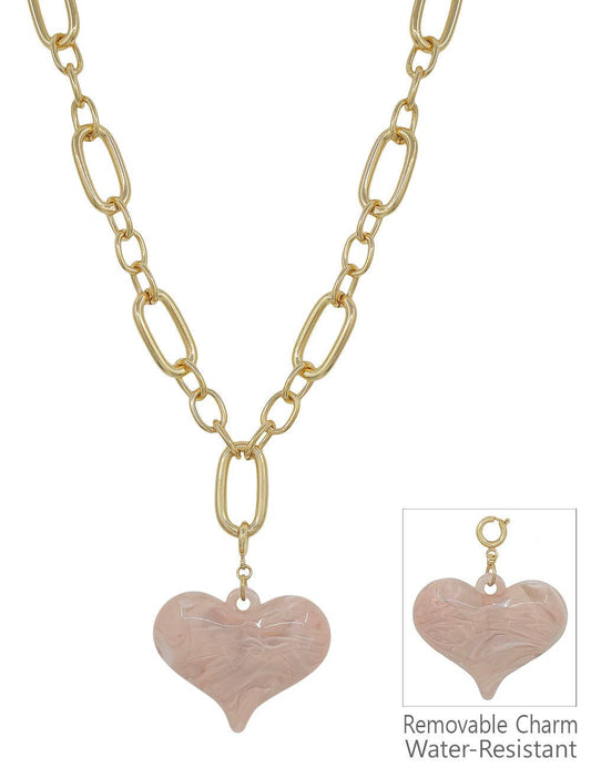 Water resistant Gold Chunky Chain with Pink Resin Heart 16"-18" Necklace