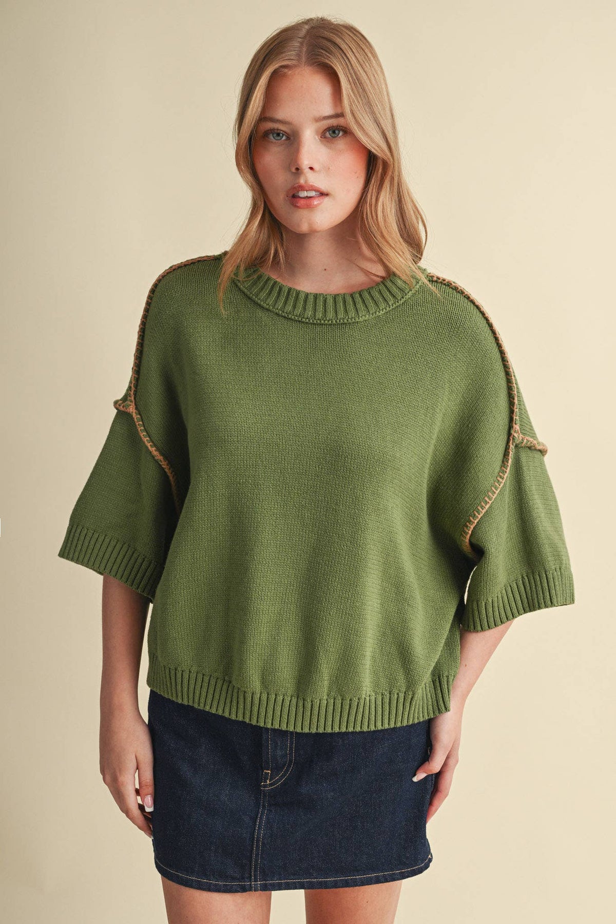 SHORT SLV SWEATER W CONTRAST BLANKET STITCH MSW11471: OLIVE TAUPE / S