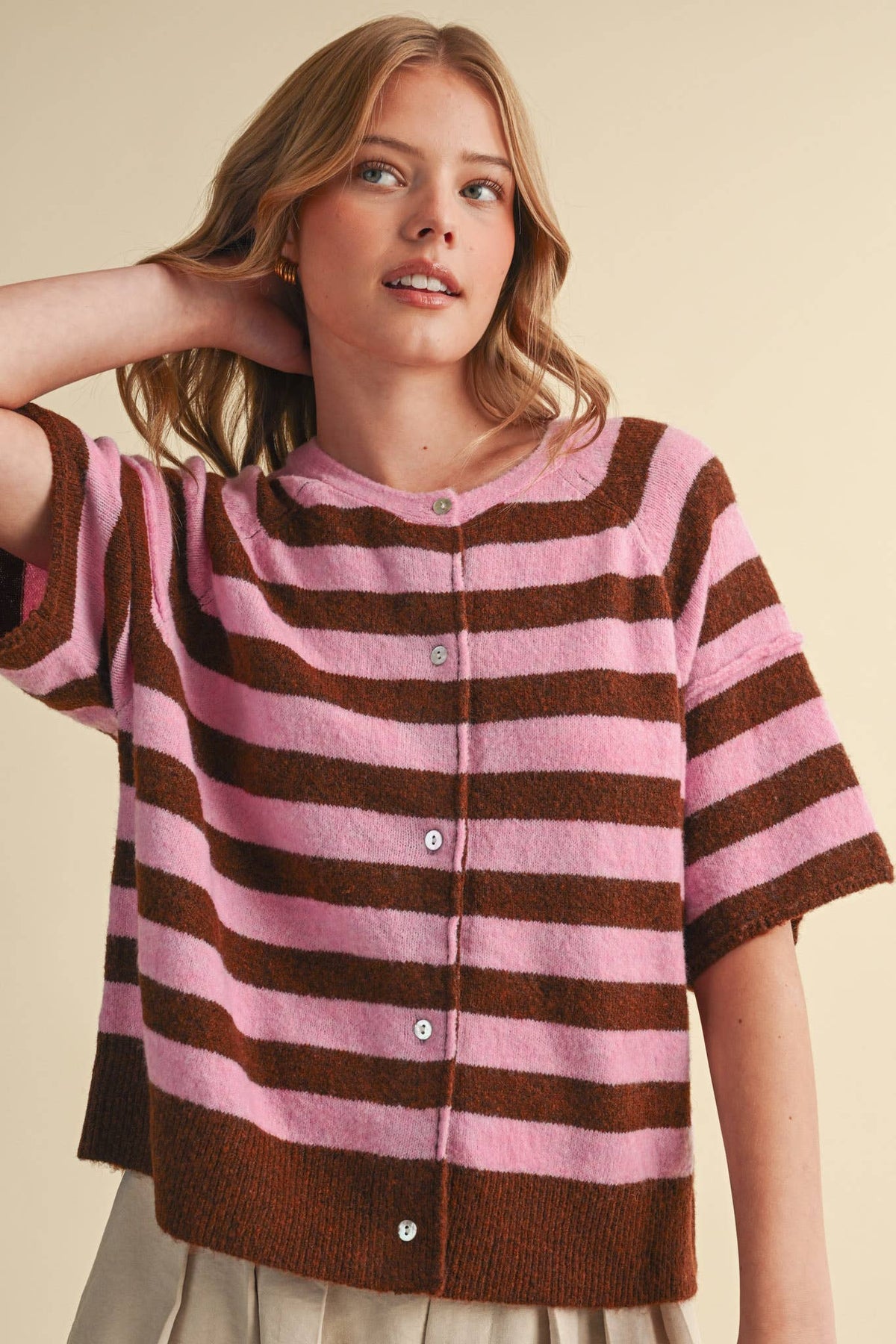 STRIPED SHORT SLEEVE SWEATER CARDIGAN MSW11671: OLIVE PLUM / M