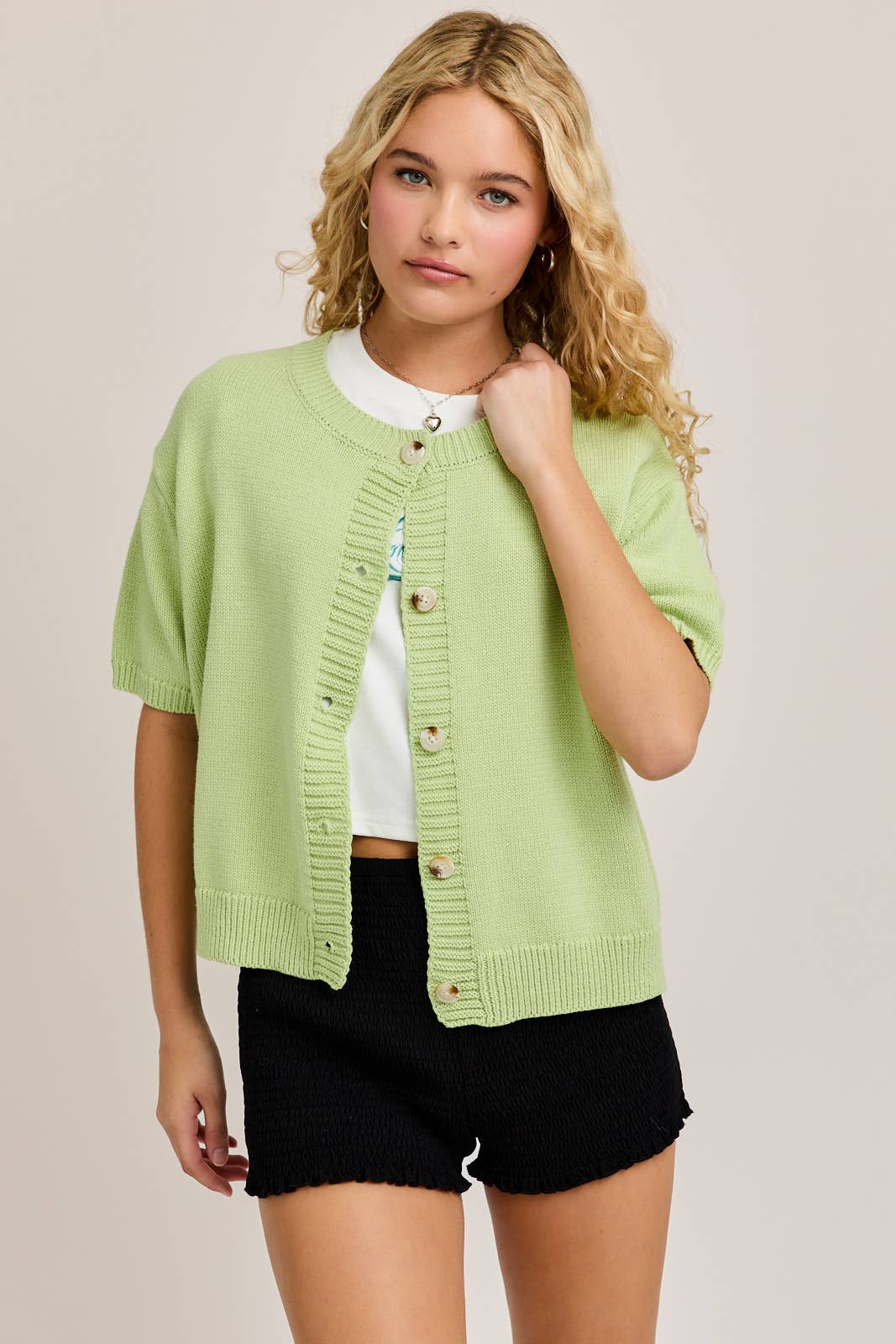 SHORT SLEEVE SWEATER CARDIGAN: LT OLIVE / L