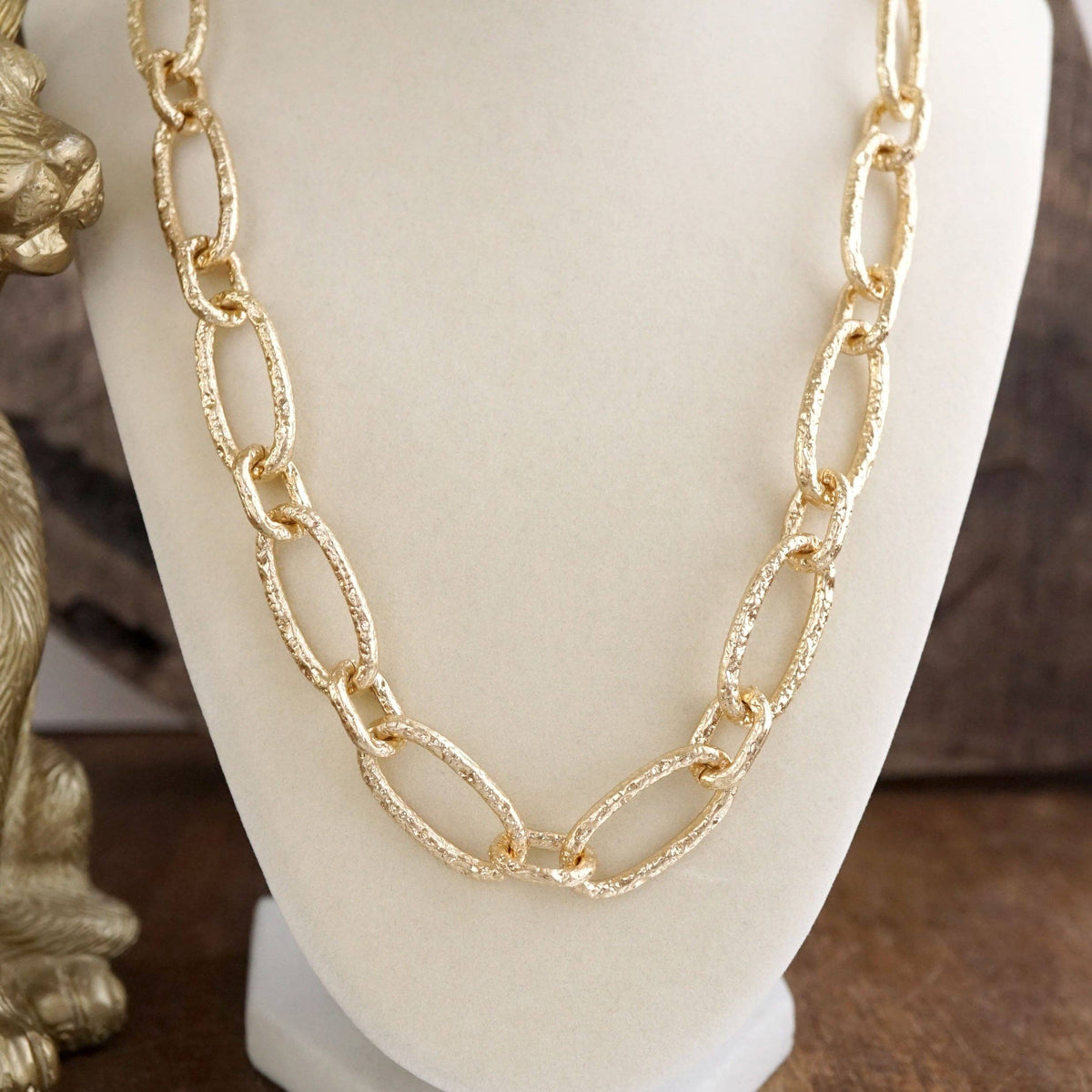 Chunky Statement Necklace – Elongated Textured Chain Necklace: Two Tone