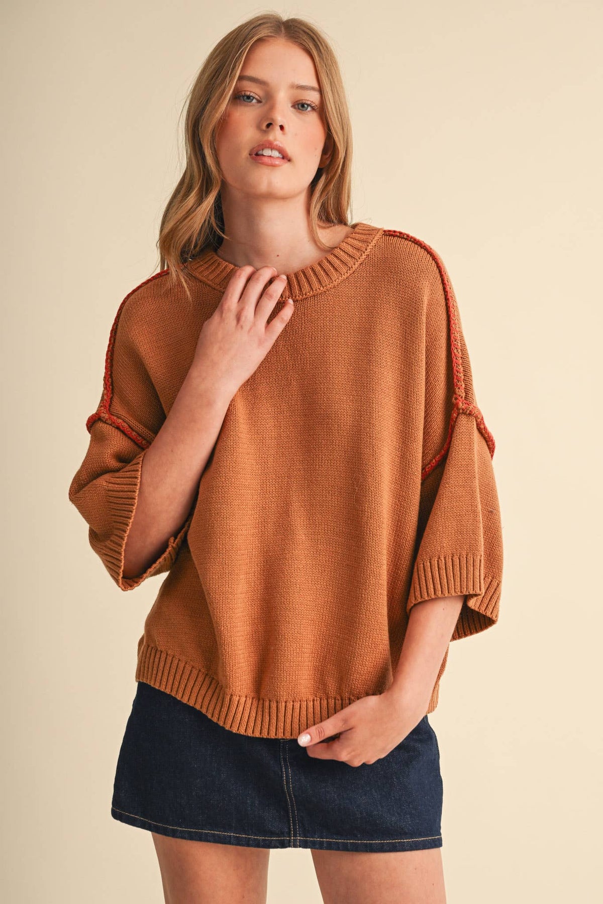 SHORT SLV SWEATER W CONTRAST BLANKET STITCH MSW11471: OLIVE TAUPE / S