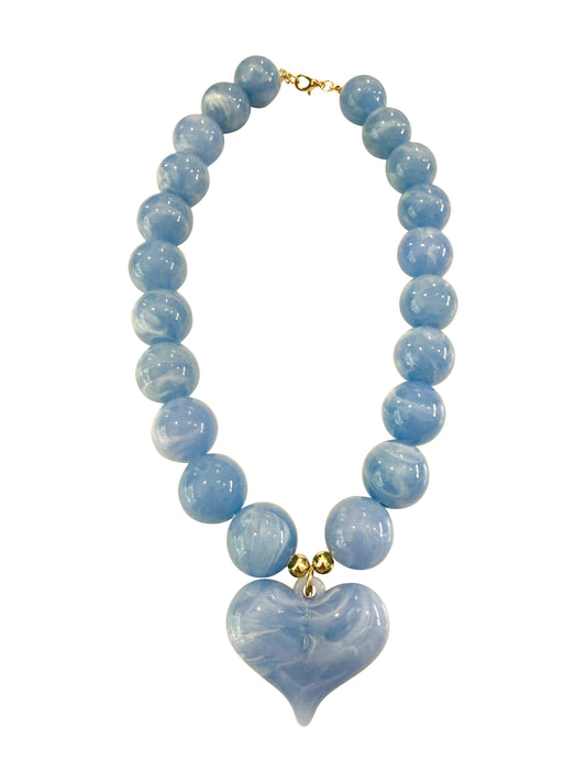 Kaiden Chunky Beaded Necklace with Heart Charm - Light Blue