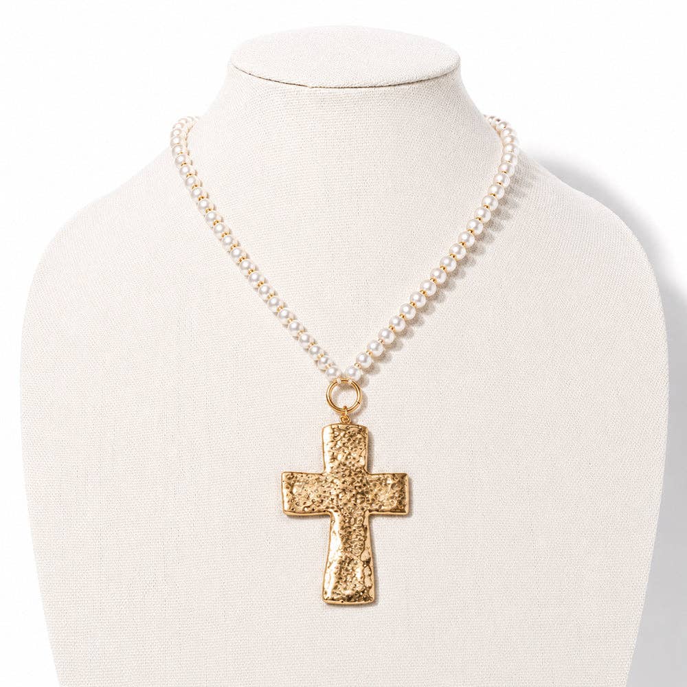 Pearl Beaded Chain with Textured Cross Pendant 16"-18" Necklace