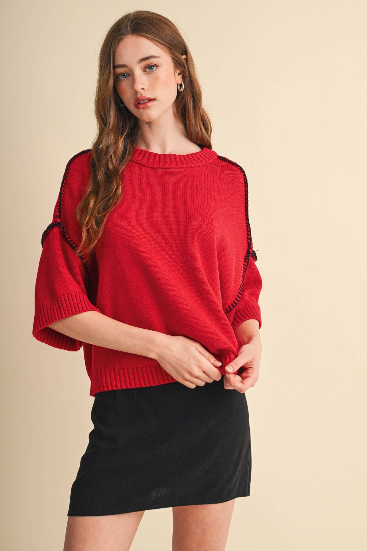 SHORT SLV SWEATER W CONTRAST BLANKET STITCH MSW11471: OLIVE TAUPE / L