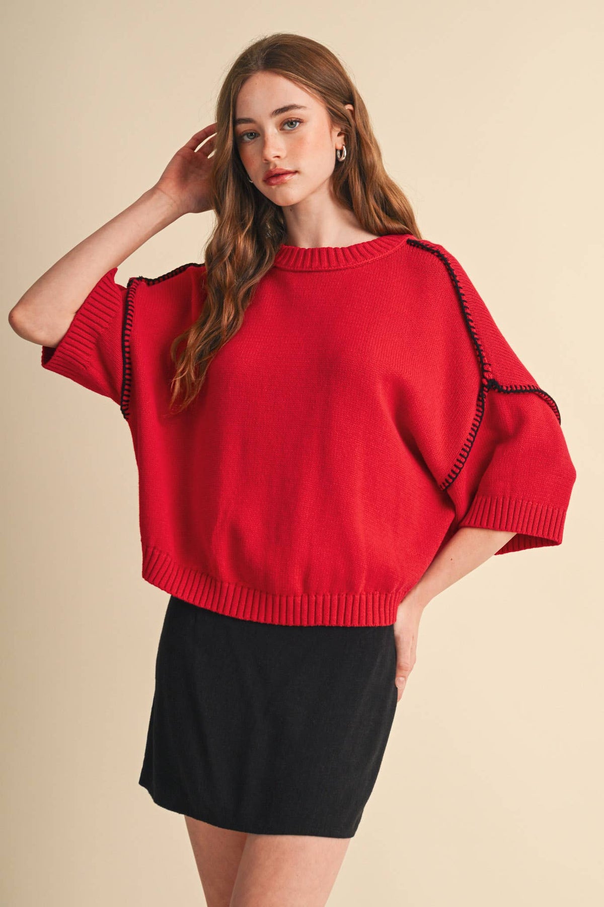 SHORT SLV SWEATER W CONTRAST BLANKET STITCH MSW11471: OLIVE TAUPE / L