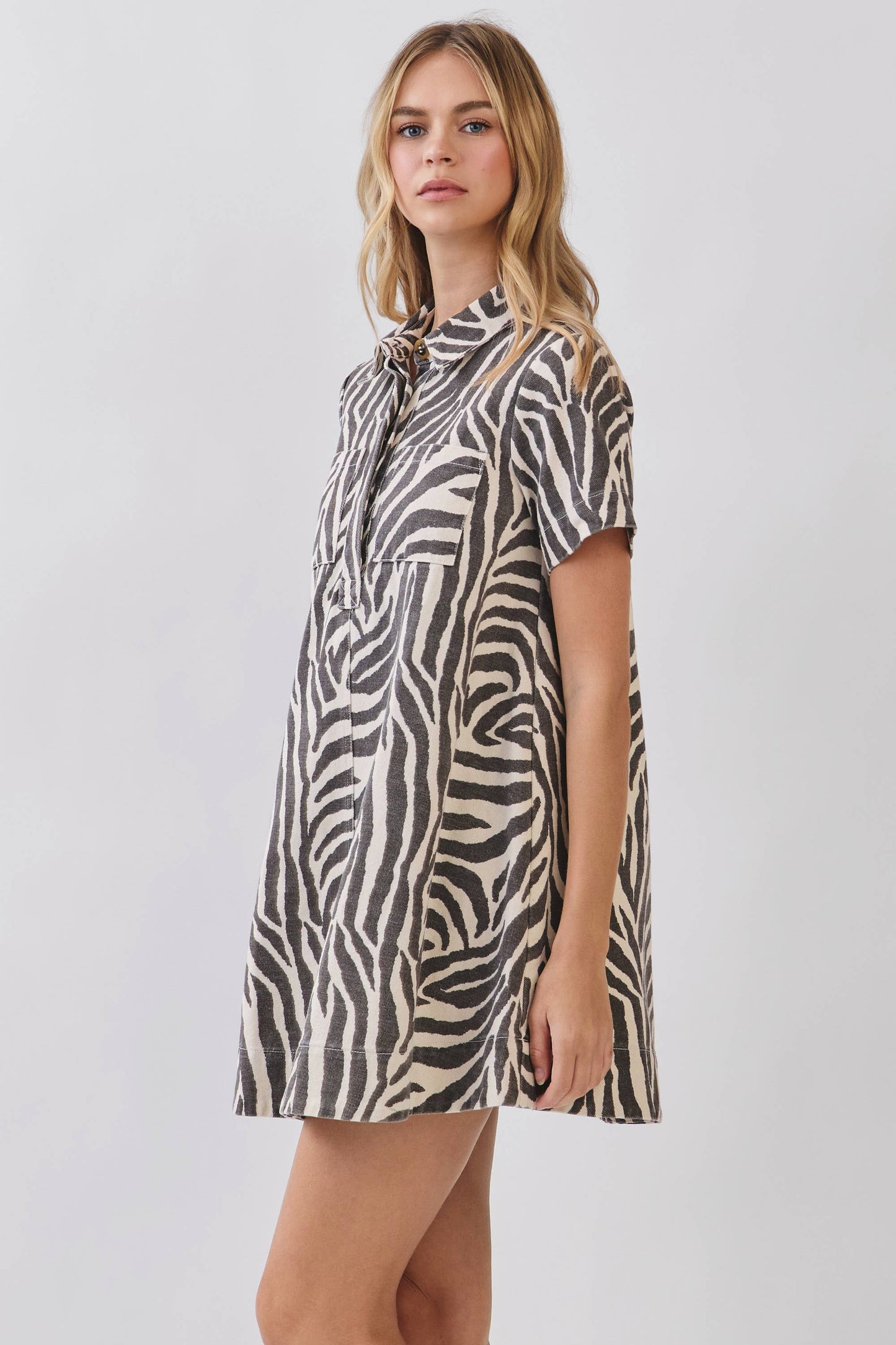 CD07293-Zebra Print Button Down Collared Mini Dress: CREAM / L
