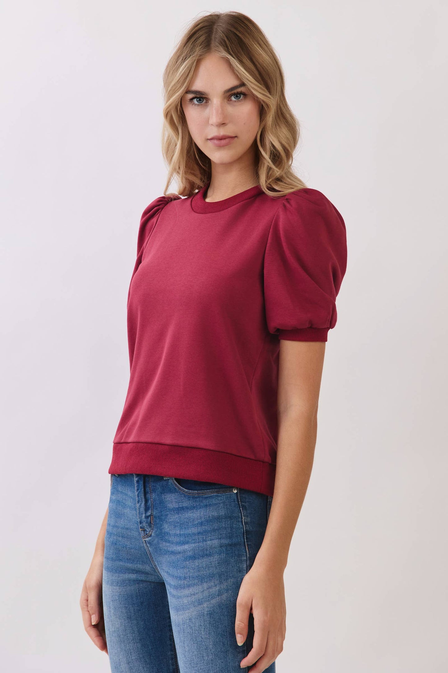 CT8936-Crew Neck Short Puff Sleeves Knit Top: Navy / L