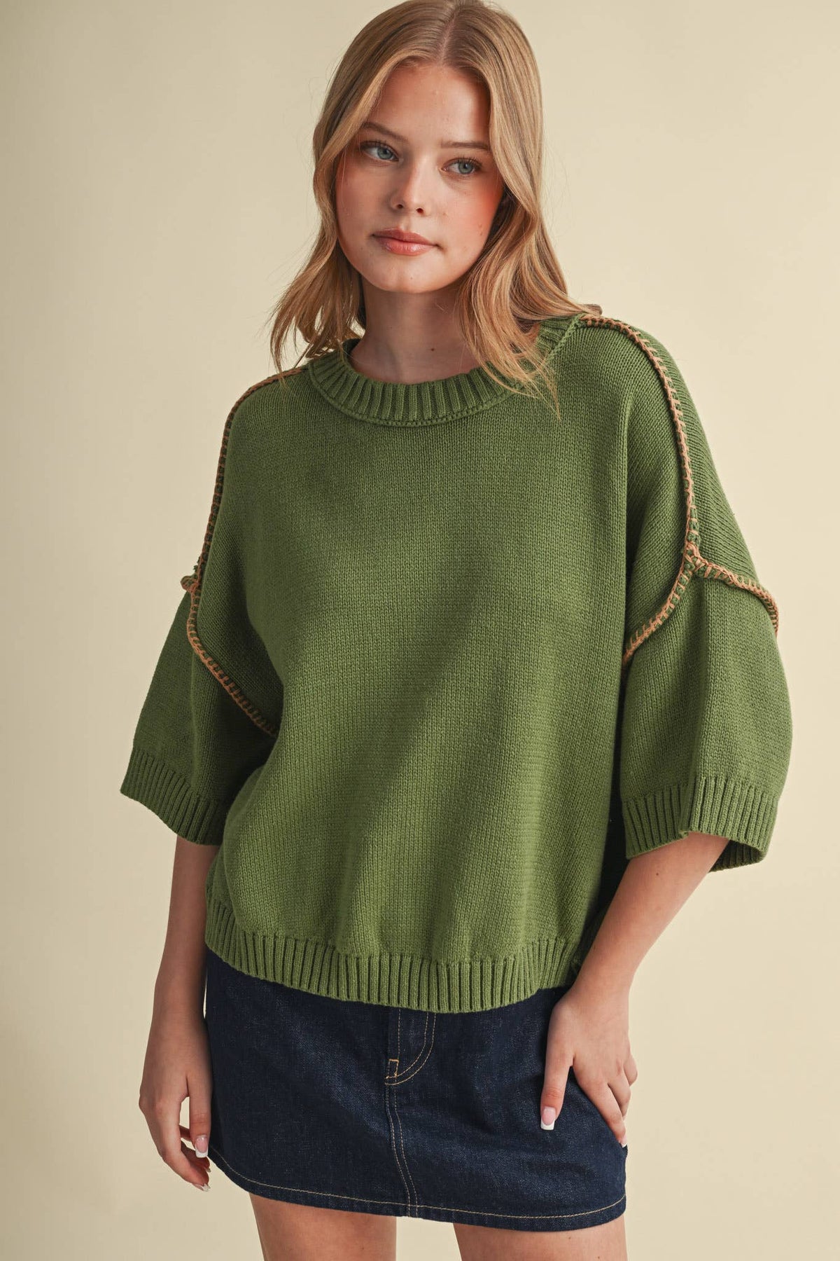 SHORT SLV SWEATER W CONTRAST BLANKET STITCH MSW11471: OLIVE TAUPE / S