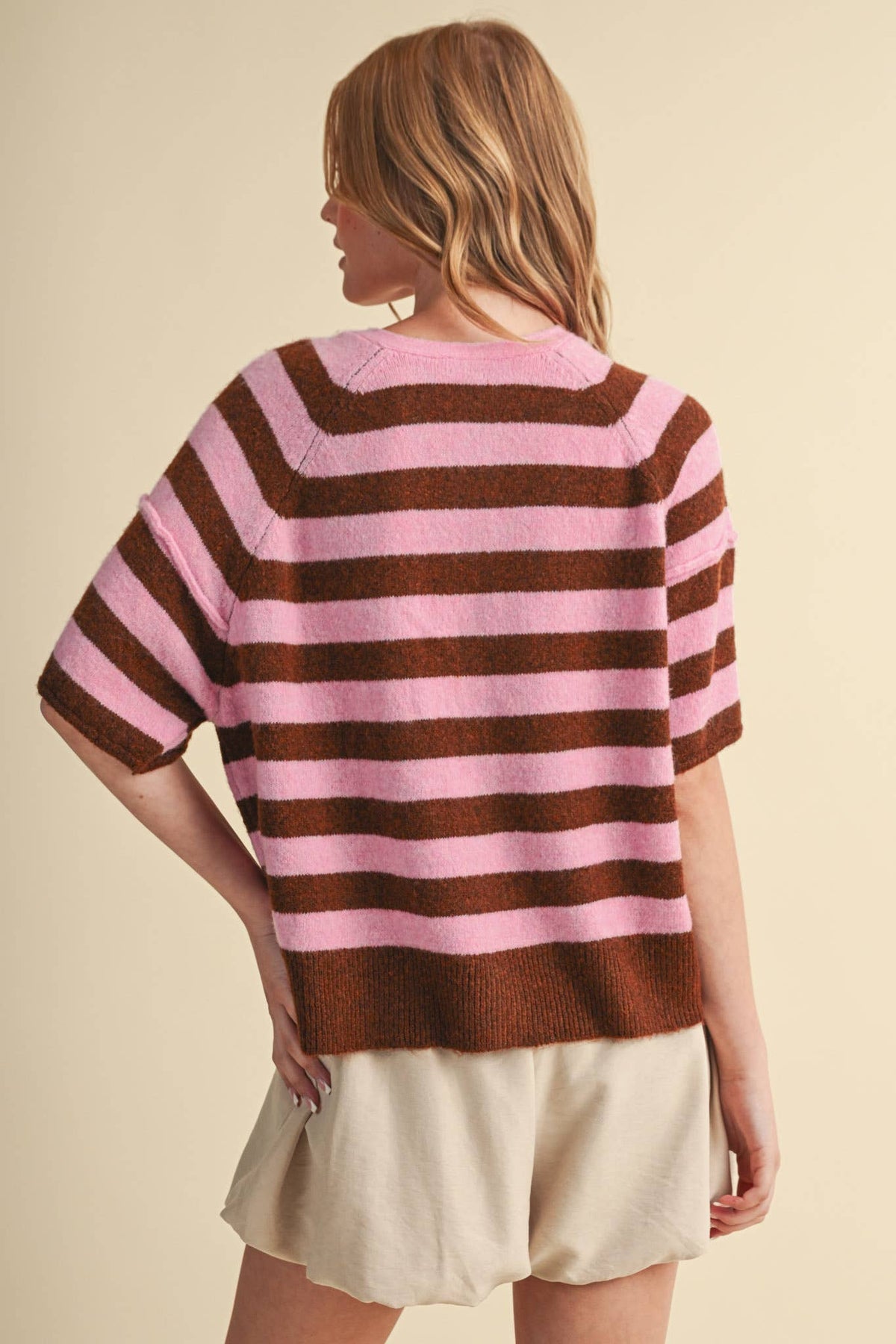STRIPED SHORT SLEEVE SWEATER CARDIGAN MSW11671: OLIVE PLUM / S