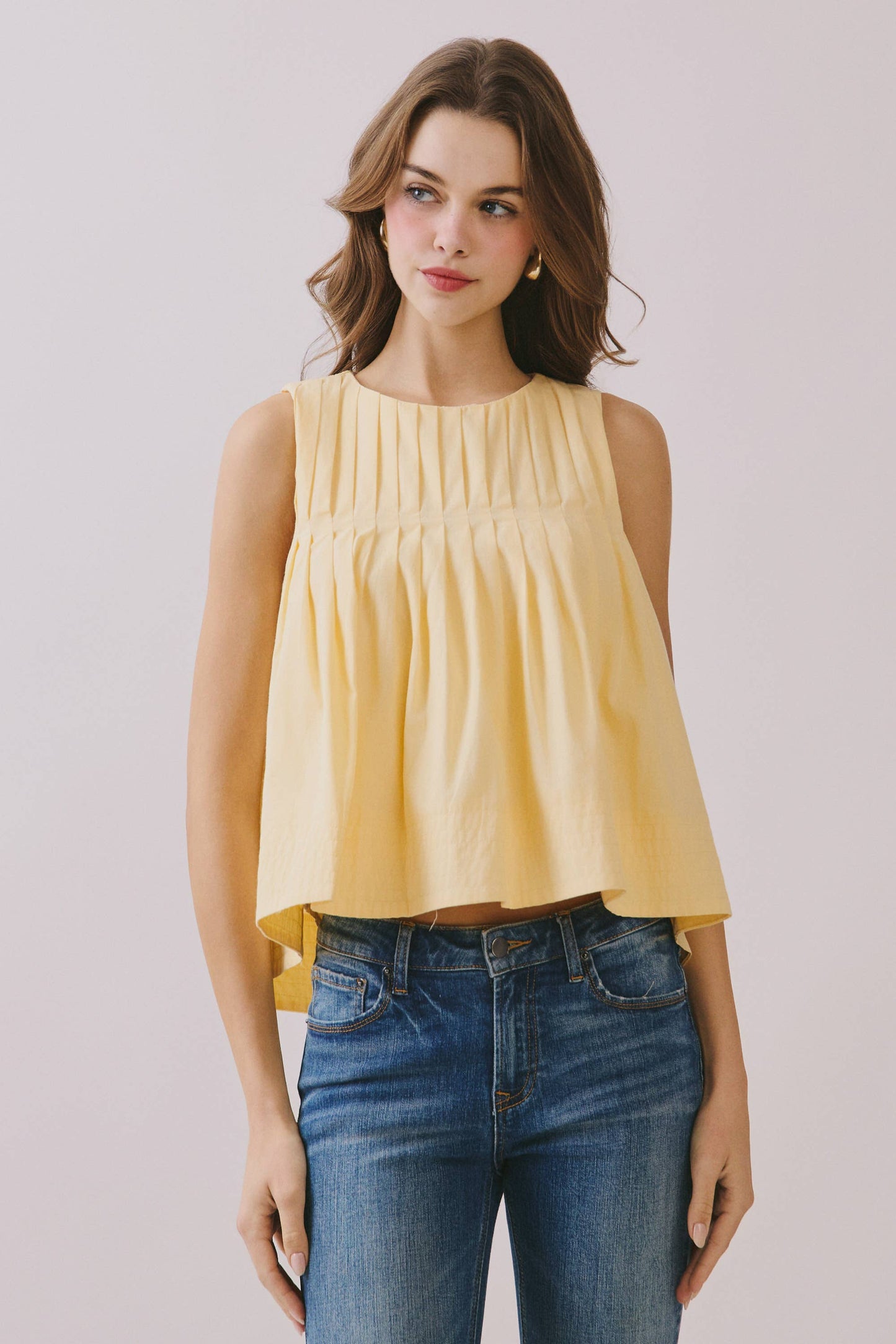 CT9082-Pleated Detail High Low Sleeveless Top: Baby Blue / S