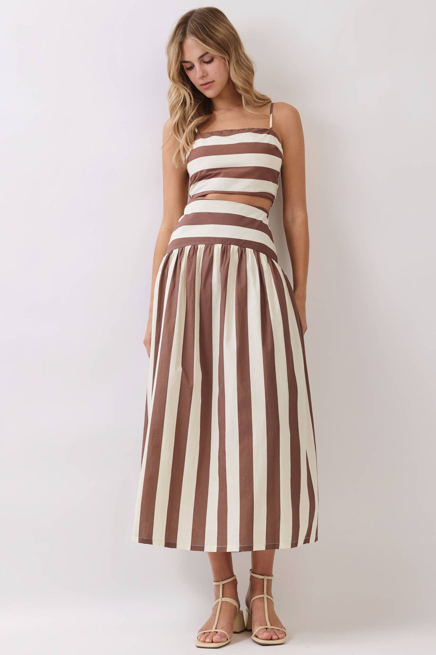 CS4090-Stripe Drop-Waist A-Line Maxi Skirt: Navy / M