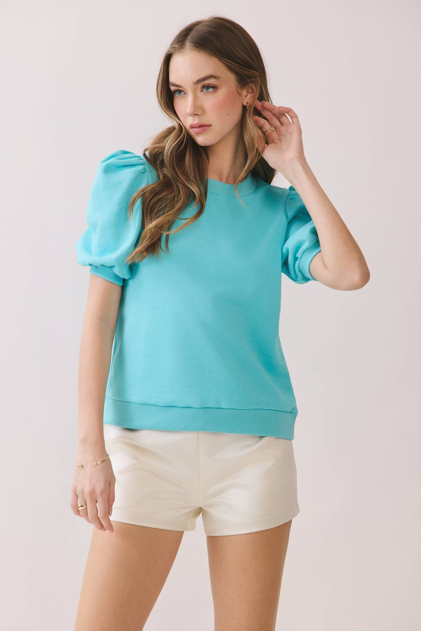 CT8936-Crew Neck Short Puff Sleeves Knit Top: Crimson / M