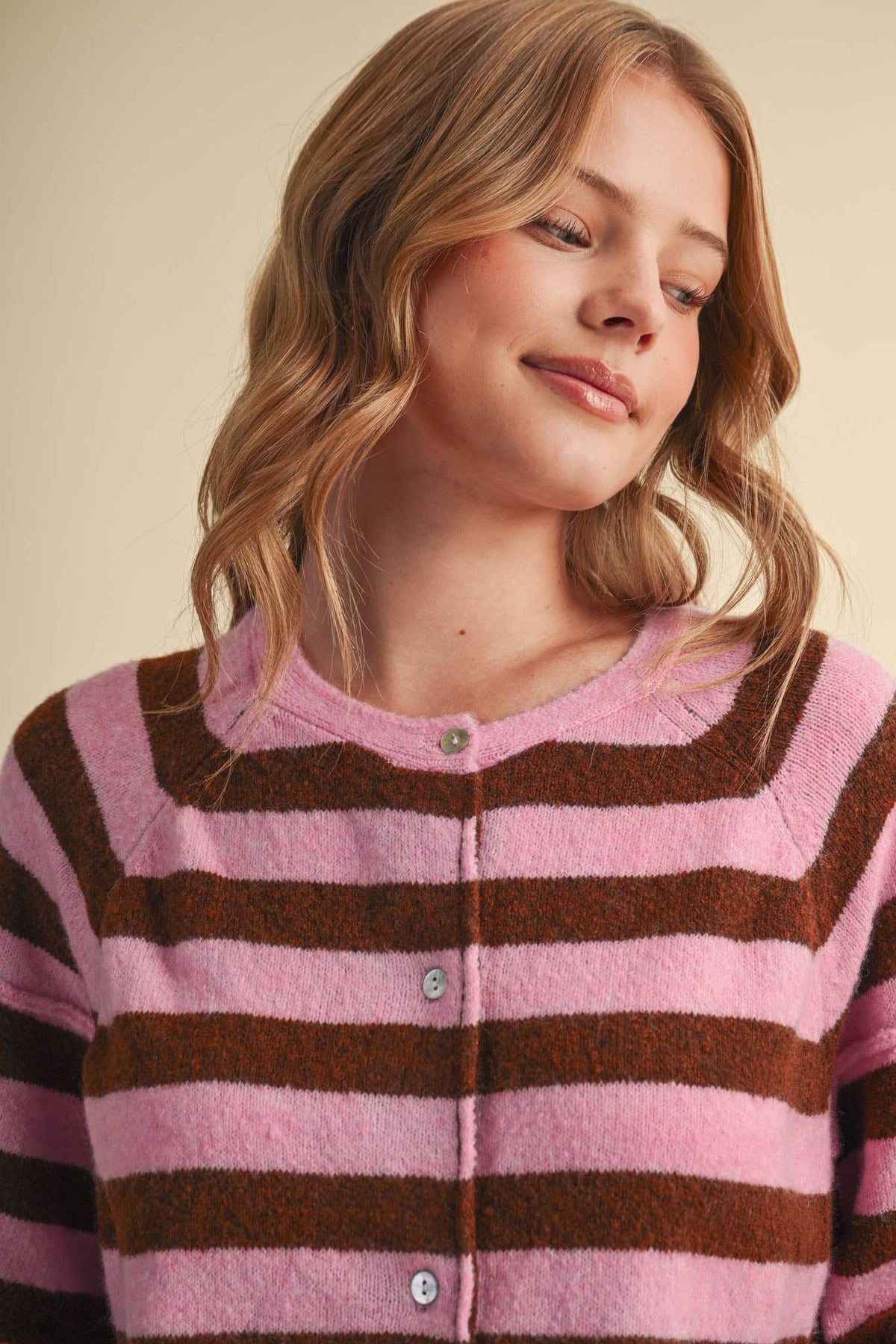 STRIPED SHORT SLEEVE SWEATER CARDIGAN MSW11671: OLIVE PLUM / M