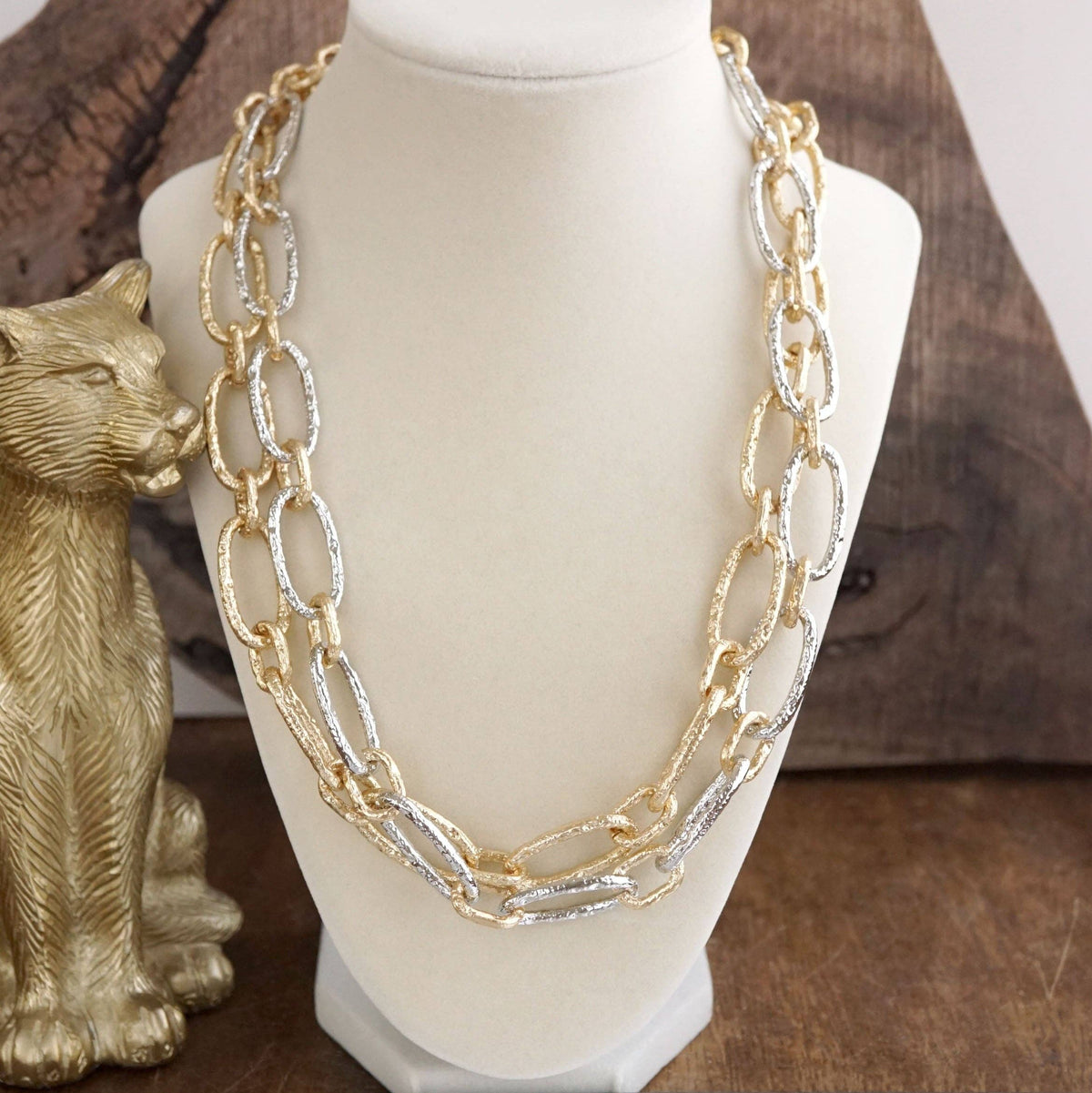 Chunky Statement Necklace – Elongated Textured Chain Necklace: Two Tone