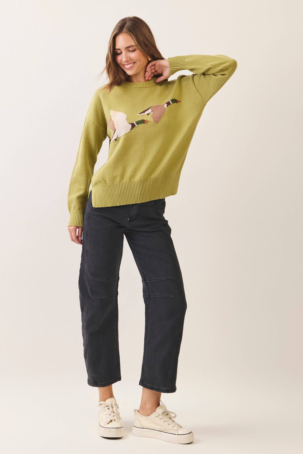 CW2679-Flying Duck Intarsia Crew Neck Sweater: Green / L