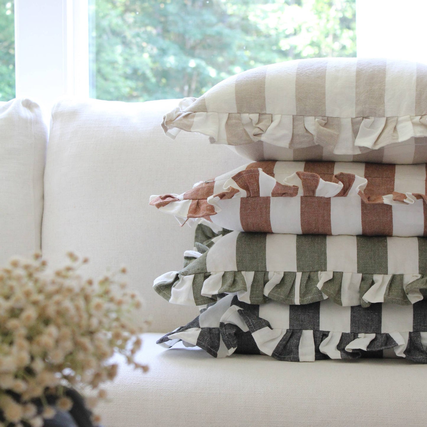 Ruffled Cabana Stripe Pillow Cover Collection: Blue