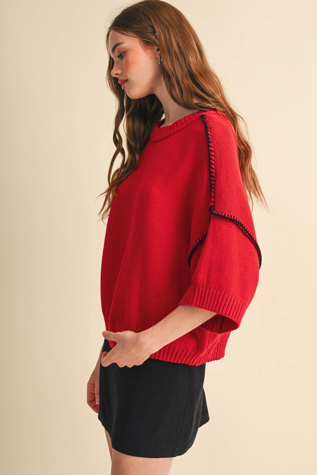 SHORT SLV SWEATER W CONTRAST BLANKET STITCH MSW11471: OLIVE TAUPE / S