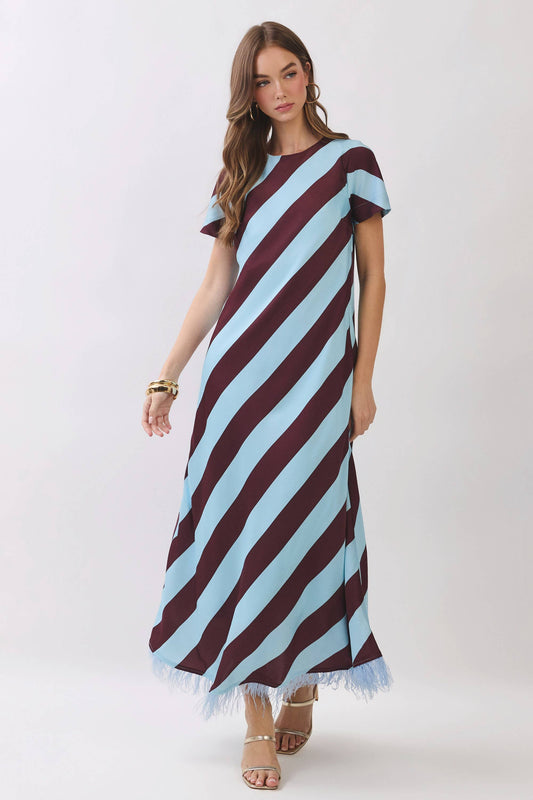 CD07188-Diagonal Stripe Feather Hem Maxi Dress: Blue / M