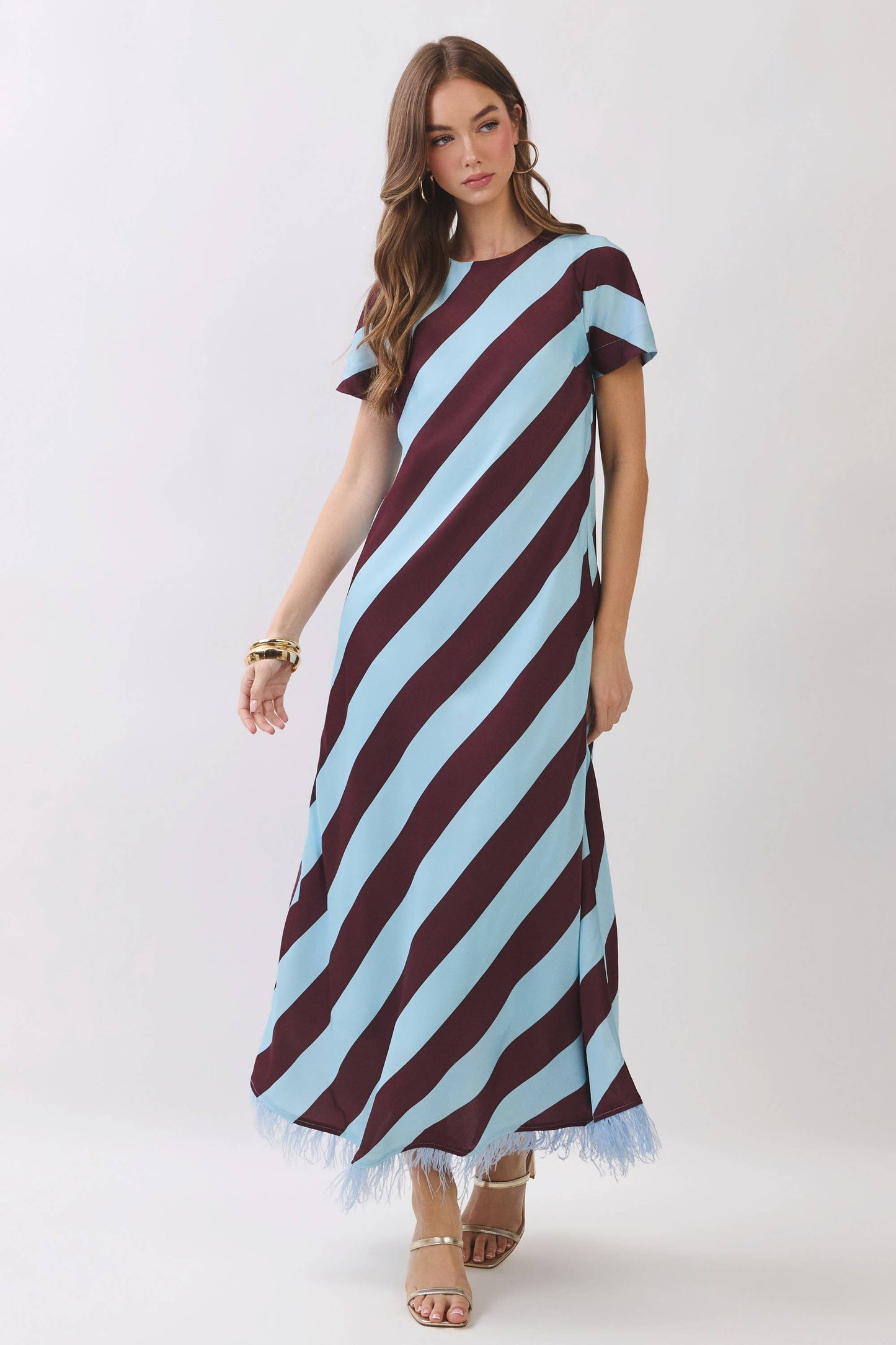 CD07188-Diagonal Stripe Feather Hem Maxi Dress: Blue / L