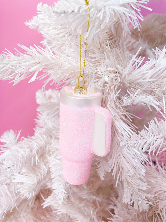 Pink Glittered Trendy Tumbler Christmas Ornament