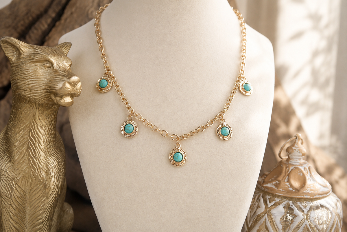 Cabochon Station Charm Necklace - Pearls Turquoise - Petite Glow: Pearl