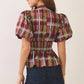 CT10210-Plaid puff sleeve smocked waist top: Burgundy / L