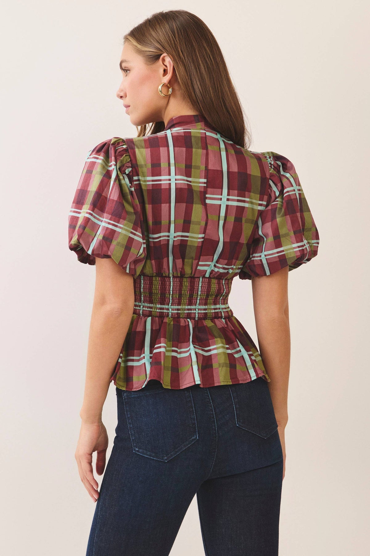 CT10210-Plaid puff sleeve smocked waist top: Burgundy / L