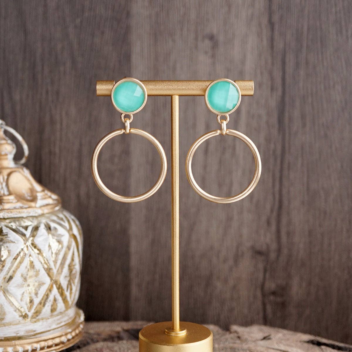 Gold Dipped Hoop Earrings with Faceted Stone – Color Pop Glow: Aqua Mist