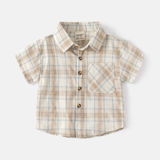 Boys Multicolor Breathable Soft Short Sleeve Shirt Plaid:  Khaki