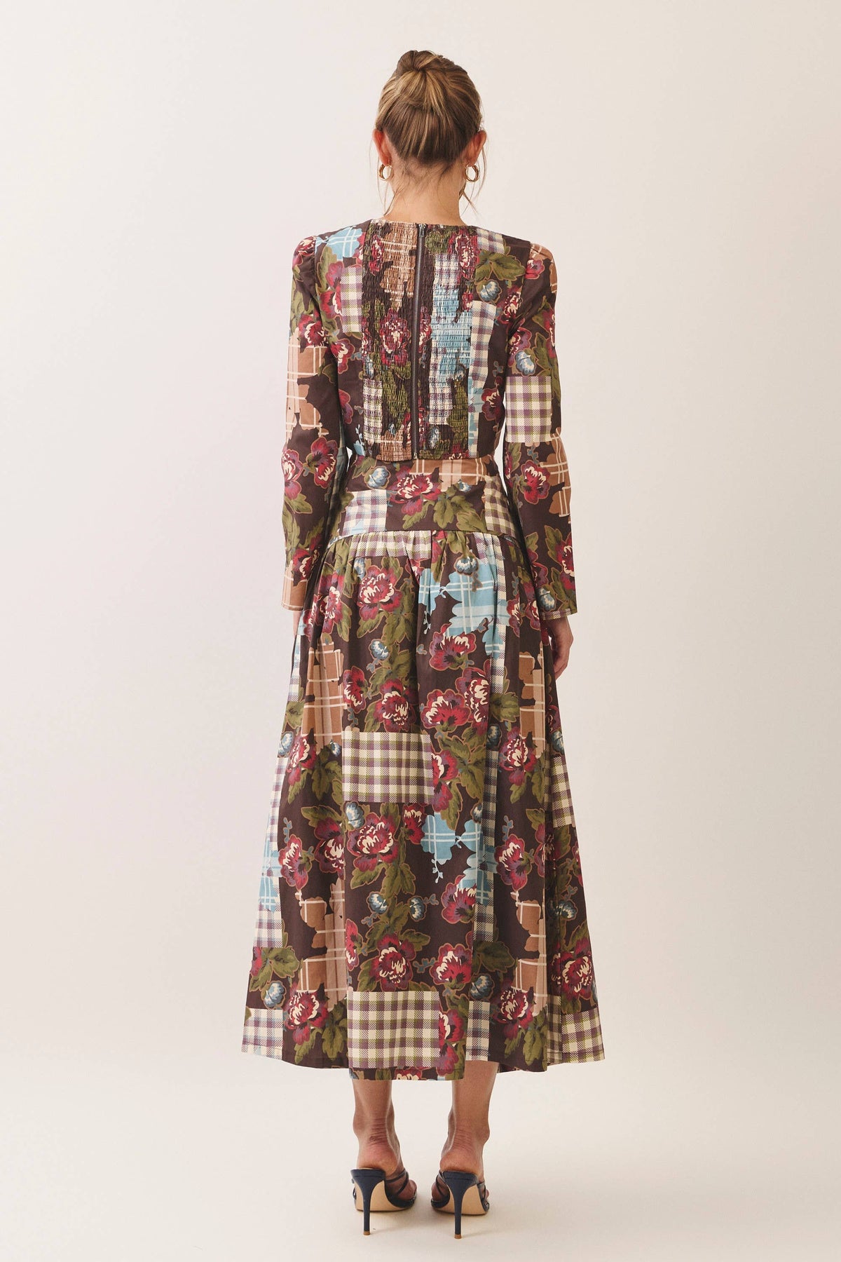 CS4193-Floral plaid patchwork maxi skirt: CHOCOLATE / L