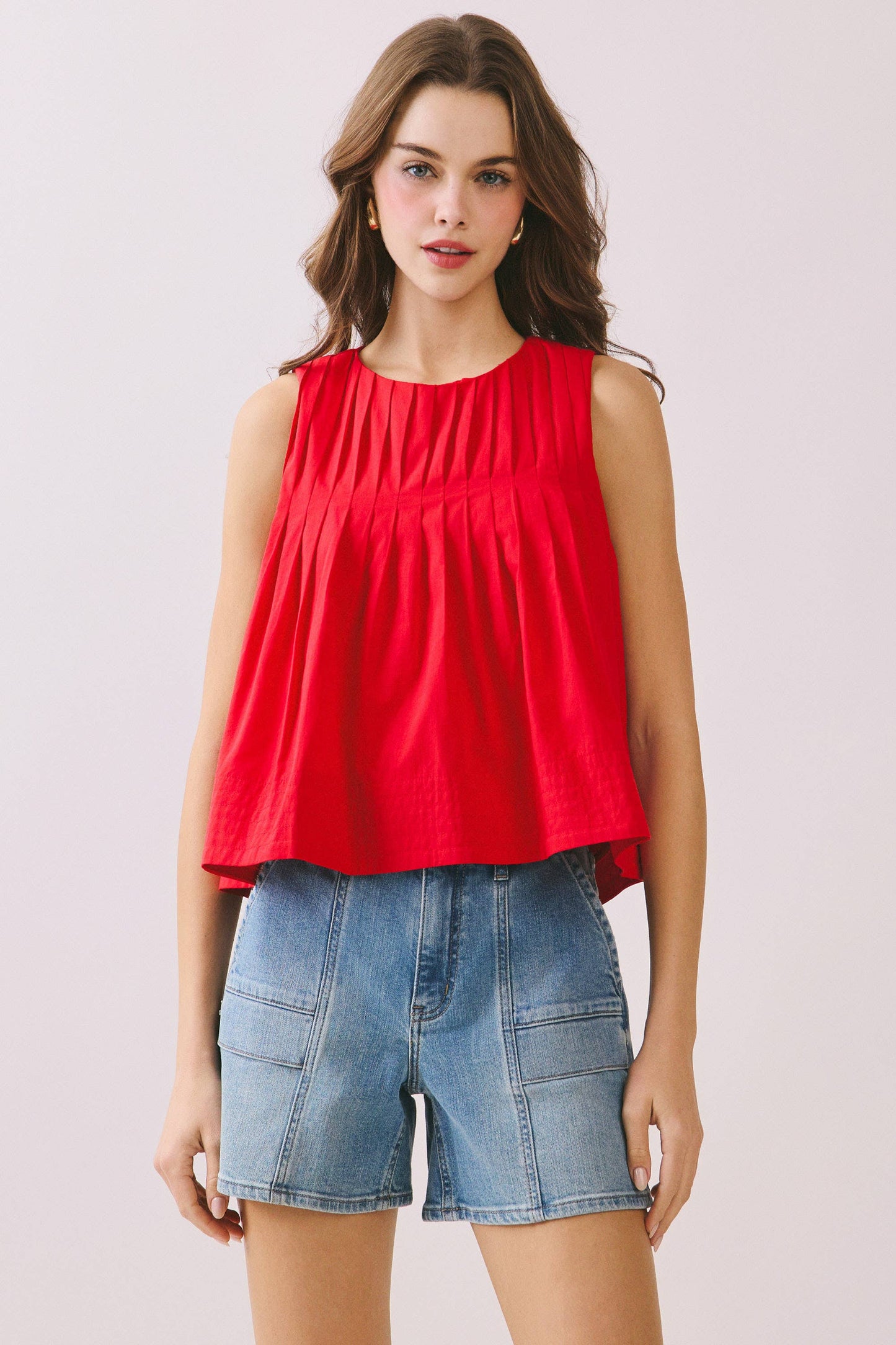 CT9082-Pleated Detail High Low Sleeveless Top: Baby Blue / L